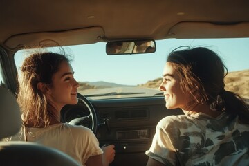 Two young women driving in a car on a road trip