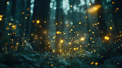 Canvas Print -   A forest filled with numerous yellow fireflies flying overhead