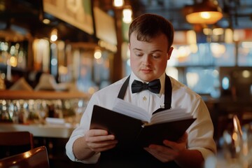 Canvas Print - Waiter with Down Syndrome adjusting menus in a restaurant