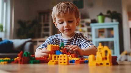 Preschooler boy builds with toys at home.