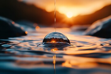 Wall Mural - Water drop forming bubble reflecting sunset over lake