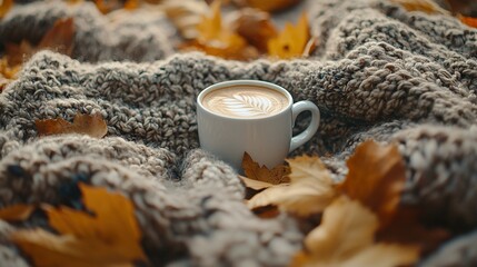 Poster -   Coffee on blanket with leaves surrounding