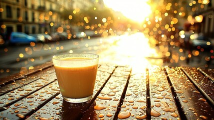 Poster -   Coffee sitting atop wooden table amidst drops of water, adjacent to city street