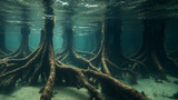 underwater view of a mangrove forest, with empty, clear waters showcasing the unique root structures. The tranquil scene evokes a sense of mystery and untouched natural beauty