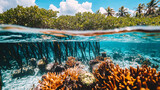 underwater view of a mangrove forest, with empty, clear waters showcasing the unique root structures. The tranquil scene evokes a sense of mystery and untouched natural beauty