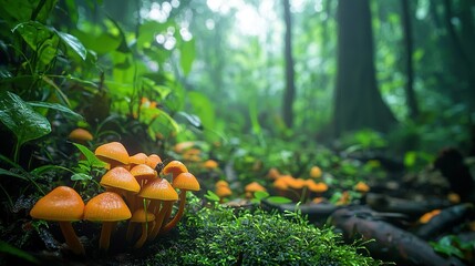 Poster -   Orange mushrooms perch atop mossy ground amidst dense forest trees