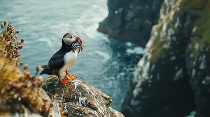 Poster -   A bird perched on a rock near water and a cliff behind it with fish in its beak