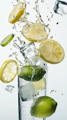 Sticker - Refreshing citrus drink with lemon and lime slices splashing in sparkling water on a clear background