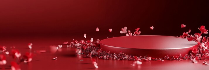 Poster - A striking red podium with a glossy surface sits elegantly against a coordinating backdrop, adorned with floating heart shapes and delicate floral elements, ideal for love-themed events