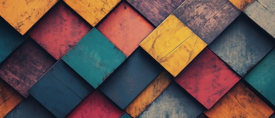 Poster - A colorful pattern of squares made of wood