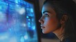 © Eva - A girl immersed in her work, skillfully coding amidst glowing holographic data in a vibrant, high-tech urban environment at night