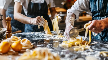 Middle-Aged Friends in a Pasta-Making Class Using Machines and Mixing Dough with Chef Guidance