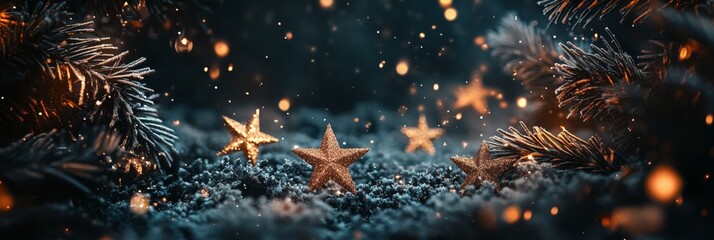 Poster - A celebratory backdrop showcases an elegant dark setting adorned with twinkling lights, sparkling stars, and rich greenery, perfect for holiday gatherings and events