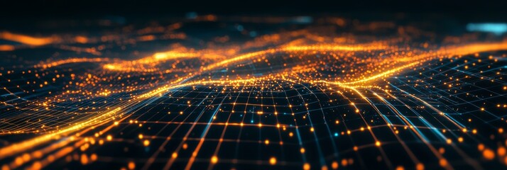 Fototapete - This visual showcases a vivid abstract digital landscape featuring glowing data streams flowing through a dark grid-like cyberspace, evoking a sense of depth and technology