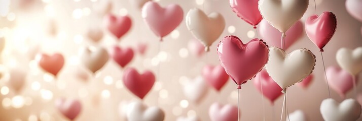 Poster - A vibrant arrangement of floating pink and white heart-shaped balloons creates a whimsical atmosphere, set against a soft gradient backdrop, perfect for romantic occasions