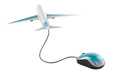 Poster - online booking airline tickets, concept. airplane with computer mouse. 3d rendering isolated on tran