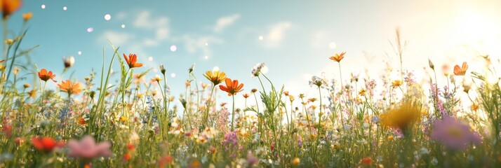 A wide-angle view reveals a colorful flower meadow bursting with blooms under a bright summer sky, showcasing the richness of nature's palette and tranquility of the season