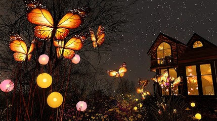   A lit pole with multiple lights in front of a well-lit house