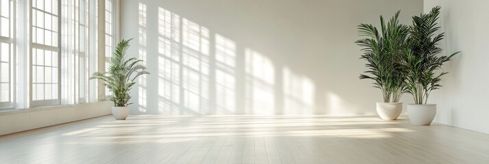 Poster - A broad room features light wooden floors and two potted plants, illuminated by streams of natural light filtering through large windows
