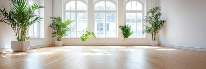 Poster - This airy room features light wooden floors and tall windows allowing sunlight to illuminate the space, complemented by green plants in stylish pots