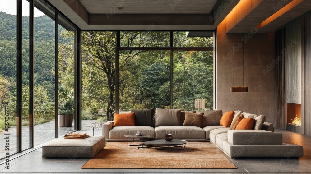 Luxurious modern living room with large windows Stock Photo | Adobe Stock