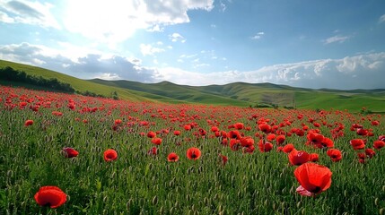 Poster -   A field brimming with numerous crimson blossoms beneath a sapphire sky, dotted with sporadic clouds and rolling hills in the background