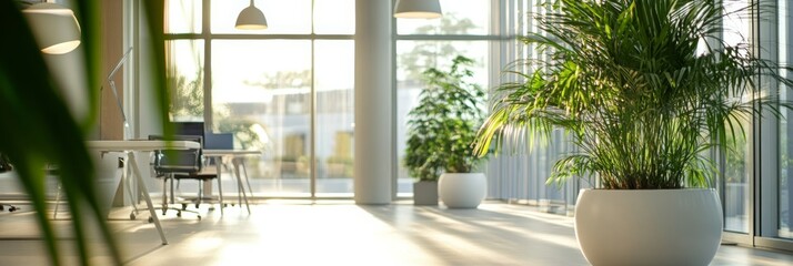 Poster - A clean and spacious office environment features large windows that fill the area with natural light, enhancing the greenery from potted plants throughout the space