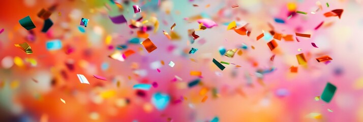 Brightly colored confetti cascades gracefully through the air, adding a joyful touch to a lively celebration surrounded by a soft, festive backdrop