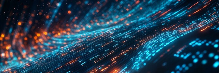Poster - An abstract data representation shows interconnected nodes with a dynamic flow of blue and orange lights, evoking motion and interaction from a wide-angle view
