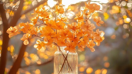 Sticker -   A vase with yellow flowers sits atop a wooden table, framed by yellow trees