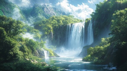 Poster - Majestic waterfall in a lush forest