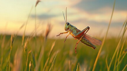 Canvas Print -   Close-up grasshopper in tall grass with blue sky and cloud backdrop