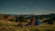 © Jafree - Romantic couple enjoying a picnic under starry night sky in a grassy field. Concept of romance, nature relaxation, outdoor evening