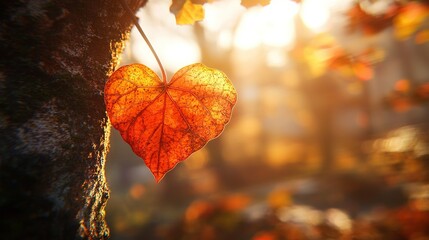 Wall Mural -   A heart-shaped leaf dangles from a tree in the forest, bathed in sunlight on a fall or winter day