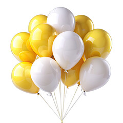 A cluster of white and yellow balloons, tied together, are isolated on a white background