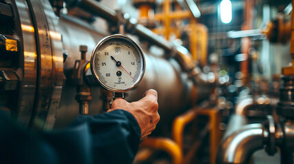 Worker Monitoring Pressure Gauge in Industrial Plant. Concept of Engineering, Industrial Safety, Equipment Maintenance