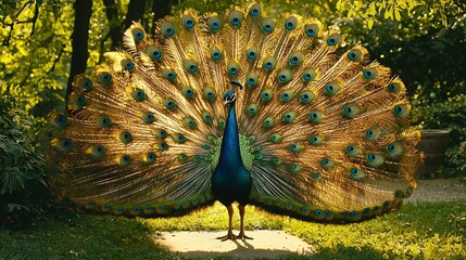 Sticker -   A peacock perched atop a verdant field adjacent to a dense forest brimming with numerous trees