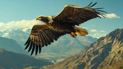 Wall Mural -  Large bird of prey soaring amidst majestic mountains against a cerulean sky