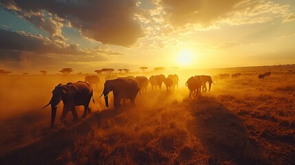 Wall Mural -   Elephants traverse the dry field as clouds obscure the sunset in the distance