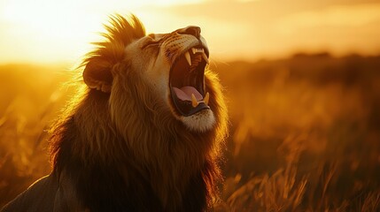 Poster -   A close-up of a lion yawning with its mouth wide open