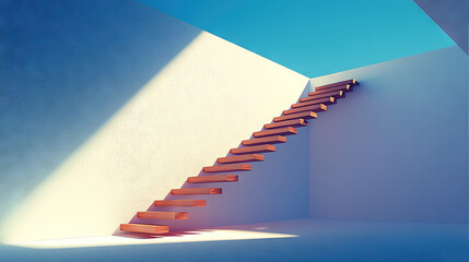 Wall Mural -  Wooden stairs ascend to white wall, blue sky backdrop