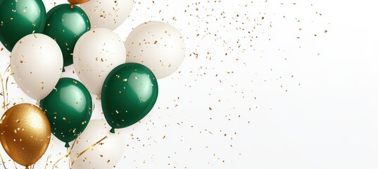 Green and white balloons with golden ribbons on a light background celebration concept for a Happy Birthday party banner template design Generative AI