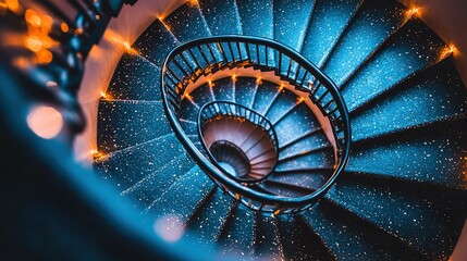 Sticker -   A tight shot of a winding staircase in a structure, with illumination on both sides of the spirals as well as on the sides of each step