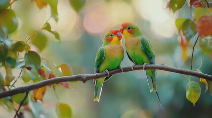 Wall Mural -   A pair of birds perched on a tree branch, adjacent to one another, in front of some foliage