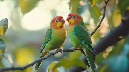 Canvas Print -   Two birds perched together on a tree branch in front of a fuzzy leafy background