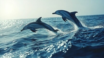   Two dolphins leap from the sea beneath a vivid blue sky and catch the golden rays of the sun