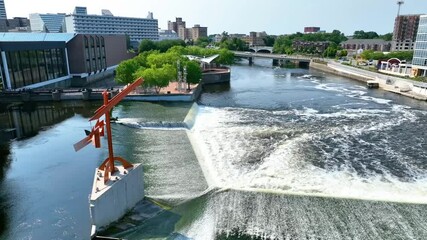 Wall Mural - Aerial View of South Bend Riverfront with Waterfalls and Modern Architecture