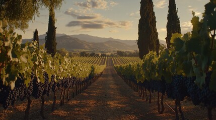 Canvas Print -   A vineyard with rows of grapes in the foreground, a mountain in the background, and clouds in the sky