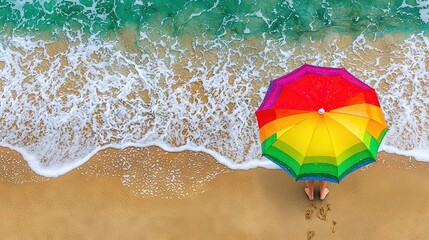 Poster -   A person stands on a beach, holding a vibrant umbrella overhead while gazing at the sea from above