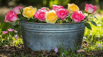 Poster -   In a field of green, a vase cradles an array of hues, with pink and yellow roses adorning the bucket